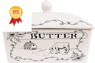 Plato de mantequilla Creative Co-Op Country gres con tapa, 4 W, blanco/negro  Foto 1 de 4