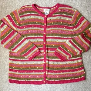 Talbots Vintage Cardigan Wood Beads Pink Green Stripes Lightweight 2X Petite - Picture 1 of 8