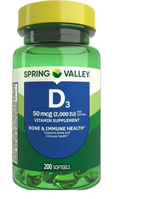 Suplemento de vitamina D3 Spring Valley 50 Mcg 2.000 UI 200 unidades Foto 1 de 4