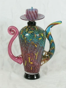 Christian Thirion Signed Art Glass Teapot/Coffee Pot, Aqua and Magenta - Picture 1 of 12