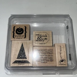 Stampin Up EAT DRINK & BE SCARY Rubber Witches Hat-Spider 5 Stamps - Picture 1 of 4