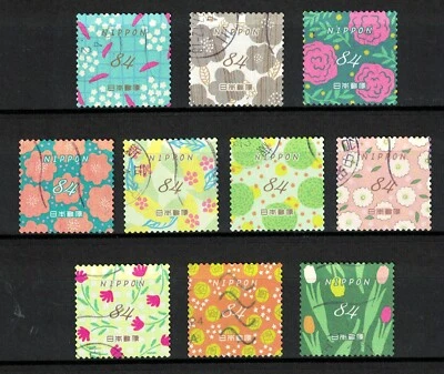 JAPAN 2022 FLOWERS IN DAILY LIFE S2 FLOWERS DESIGN PATTERNS 84 YEN 10 STAMP USED - Image 1 of 4