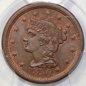 1850 1c N-7 Braided Hair Large Cent PCGS and CAC MS 65 BN *Early Die State* - Picture 1 of 5