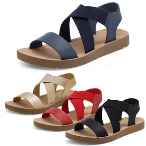 Women Elastic Ankle Strap Flat Sandals Pull On Beach Summer Casual Dress Shoes - Picture 1 of 12