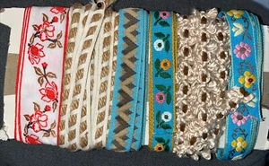 Vintage Lot Of Embroidered Trim Floral Blue Red Beige Brown Macrame Crochet - Picture 1 of 2