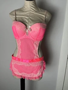 Victoria Secret Sexy Little Things Maid 36D Neon Hot Pink Lace Swiss Dot Lace  - Picture 1 of 12