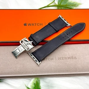 Hermes Leather Apple Watch Band 45mm Black D Buckle Strap Unisex 0.8 x 6.7 in - Photo 1 sur 15