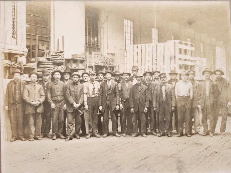 antique MEN AT WORK CARD PHOTO 1900s industrial hammers group photo 10 x 12" - Image 1 of 4