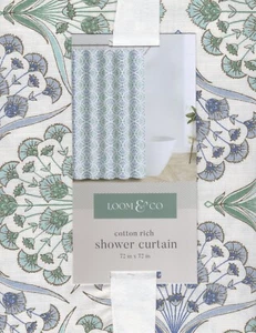 Loom & Co Fabric Shower Curtain 72"x72" Blue Green Fan Florals Farmhouse Cottage - Picture 1 of 8