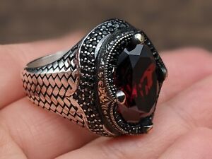 Handmade Red Garnet Turkish Mens Ring Size 11