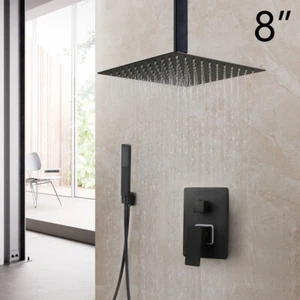 Ceiling Mount Black 8" Rain Shower Head 2-Way Mixer Valve Hand Shower Faucet Set - Picture 1 of 9