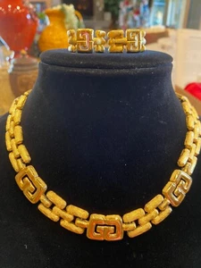 Vintage Givenchy Logo Gold Tone Necklace and Earrings Set - Picture 1 of 7