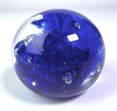 Vintage Hand Blown Clear Glass Paperweight With Cobalt Blue Interior - Image 1 of 4