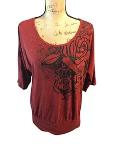 Fashion Bug 90s Rhinestone Top Size L Red Floral - Picture 1 of 7