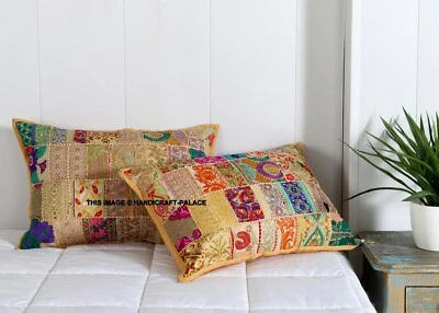 Cojín indio hecho a mano bohemio vintage beige retazos funda de almohada 40x60 cm Foto 1 de 3
