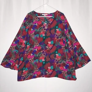 Violet Claire Top Women 3X Floral Multicolor Caged V-Neck Long Bell Flare Sleeve - Picture 1 of 9