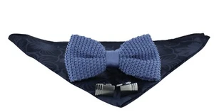 Lt Blue Knitted Bow Tie, Navy/Blue Floral/Spot Pocket Square Cufflink Gift Set - Picture 1 of 10
