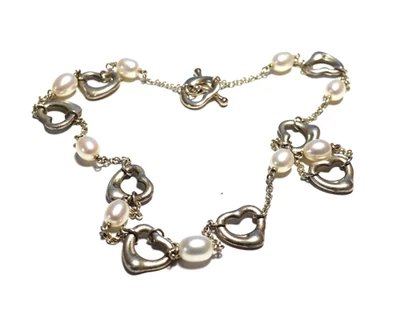 TIFFANY & CO ELSA PERETTI OPEN HEART PEARL NECKLACE 16" 12 GRAMS - Image 1 of 2
