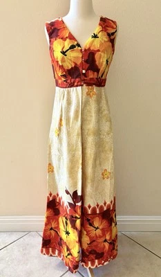 Maxi Vestido Tiki Isla Informal Vintage Años 60 Hawaiano Naranja Floral Corteza Talla 12 Foto 1 de 4