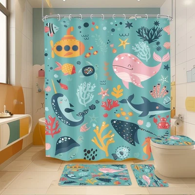 Juego de 4 cortinas de ducha para niños verde azulado 72Wx72H océano divertido dibujos animados ballena ba... Foto 1 de 4