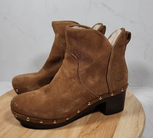 UGG Cam II Platform Ankle Clog Boots Women Sz 9 Chestnut Suede Heeled Lined - Picture 1 of 15