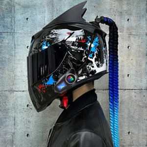 Bluetooth Motorcycle Intercom Helmet Dual Visor Motorbike Helmet With Horn Braid - Picture 1 of 23