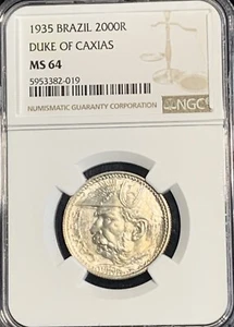 1935 2000 Réis Brazil NGC MS64 Duke Of Caxias Silver Low Mintage - Picture 1 of 12