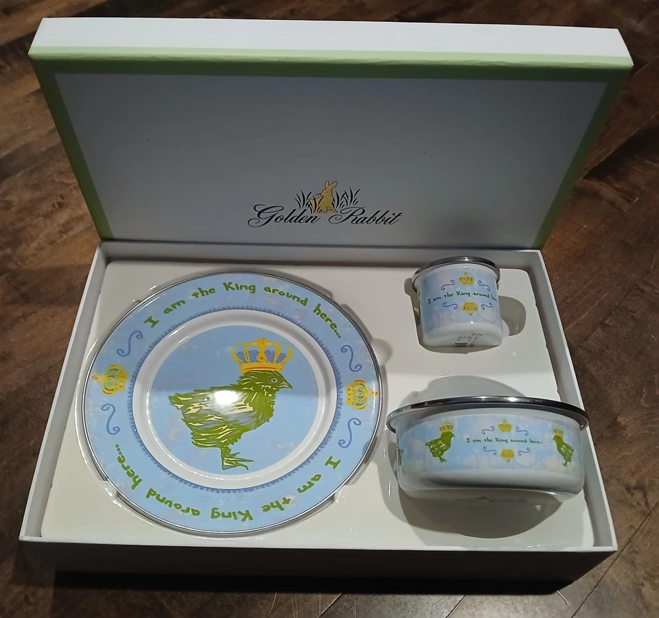 Goden Rabbit 3 piezas Juego de cena esmaltado para niños. Baby Chick.  Por Laura Fair. Nuevo Foto 1 de 4