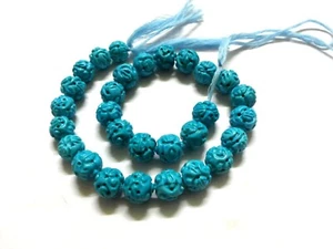 Sleeping Beauty Turquoise Carved Round Smooth 10m-11mm Beads 24"inch 1 Necklace - Picture 1 of 15