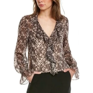 TED BAKER Bertei V Neck Ruffle Blouse Top Brown Abstract Size 6 US 14 - Picture 1 of 15
