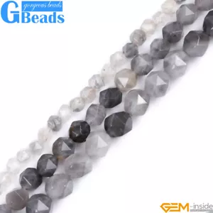 Natural Gemstone Grey Cloudy Quartz Polygonal Faceted Round Beads 15" Strand - Picture 1 of 30