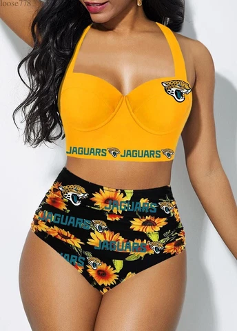 Jacksonville Jaguars Women's 2PCS Bikini Push Up Swimsuit Beach Halter Swimwear Cover