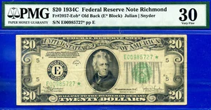 1934C $20 FRN Richmond star PMG 30 rare 2nd highest graded 4 known Fr 2057-Eob* - Picture 1 of 4