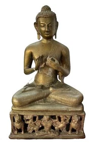 Large Antique Brass Buddha Statue Tibetan Chinese Nepal Shakyamuni 14 1/2" - Picture 1 of 9