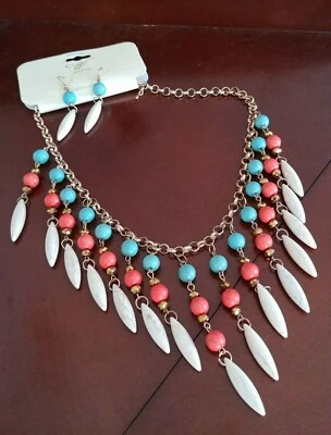 Conjunto de collar y pendiente colgante de cuentas de marfil coral turquesa joya piedras preciosas de moda  Foto 1 de 4