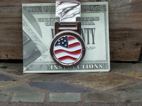 USA Flag Logo Spring Loaded Money Clip - Bright Silver Nickel Free Engraving Cover