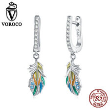 Authentic S925 Sterling Silver Colored feather Earrings For Women Girls VOROCO
