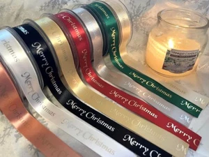 Berisfords MERRY CHRISTMAS metallic print on 25mm satin - 7 festive colours - Picture 1 of 16