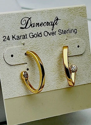 DaneCraft 24KT Gold Over 925 Sterling Bezel Set CZ Hoop Pierced Earrings - Image 1 of 4