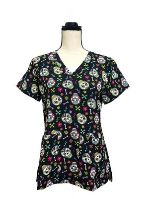 Med Couture Women's V-Neck Sugar Skull Print Scrub Top Size. Small - NWT - Image 1 of 4