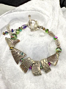 Silberfarbenes Bettelarmband Fisch Perlen 6,5 Zoll - Bild 1 von 7