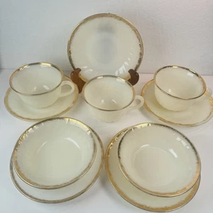 Fire King Swirl Milk Glass Tea Cup & Saucer Set 10pc Gold Rim VTG 1950s - Picture 1 of 24