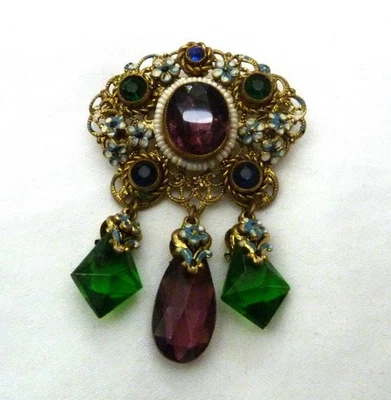 VINTAGE CZECH AUSTRO HUNGARIAN STYLE ENAMEL GLASS PEARLS DANGLES FILIGREE PIN - Image 1 of 4