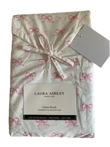 Laura Ashley Set Of Two Cotton Percale Pillowcases Standard White Pink Bows Dots - Picture 1 of 3