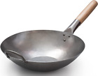 Artisanat wok plat martelé à la main en acier au carbone pow wok avec aide en bois et en acier