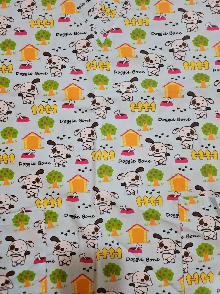 New Medical Uniform Scrubs Top Blue Doggie Bone Puppy Apple Tree V-neck Pockets  - Image 1 of 1