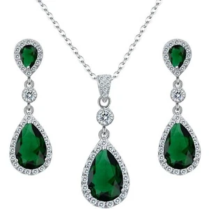 White Gold Finish Green Emerald Created Diamond Pendant Necklace & Earrings Set - Picture 1 of 3