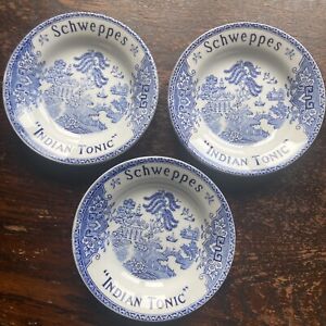 Set 3 Luneville Blue White Willow Pin Tray Dishes Schweppes Indian Tonic Bar EX+