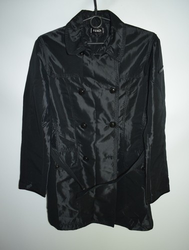 FENDI 100% Nylon Trench Cappotto Giacca Nero Doppiopetto Cintura Donna Taglia L