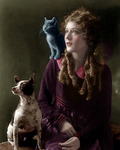 Mary Pickford Photograph with Cat & Dog | Silent Film Star | Colorized Photo - Picture 1 of 1